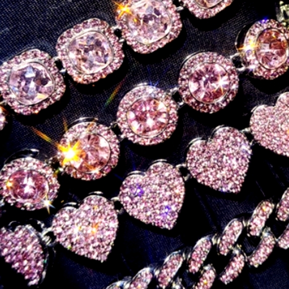 Pink Pave Crystal Silver Iced Links Bracelet Rhinestone Round CZ Circle Links - Picture 4 of 8